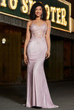 Glitter Blush Prom Dress Mermaid Spaghetti Straps Long Party Dress with Beading