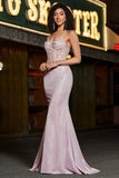 Trendy Mermaid Spaghetti Straps Blush Long Prom Dress with Beading