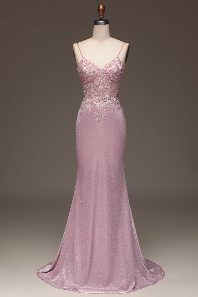 Zapakasa Women Glitter Blush Prom Dress Mermaid Spaghetti Straps Long ...
