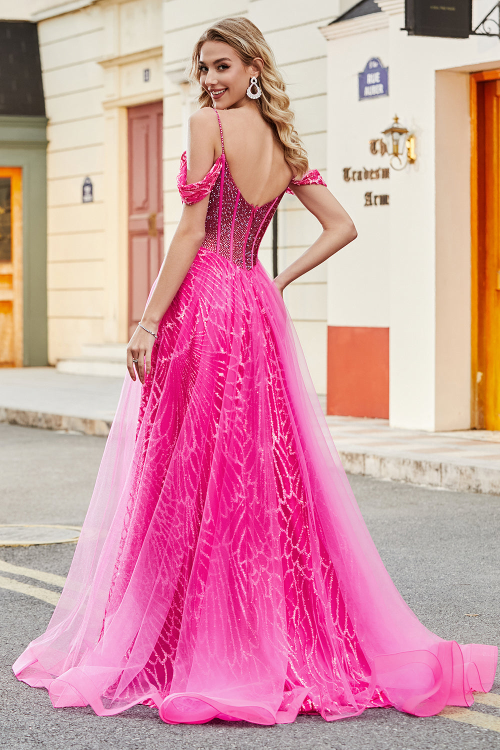 A-Line Cold Shoudler Sparkly Hot Pink Corset Prom Dress with Beading