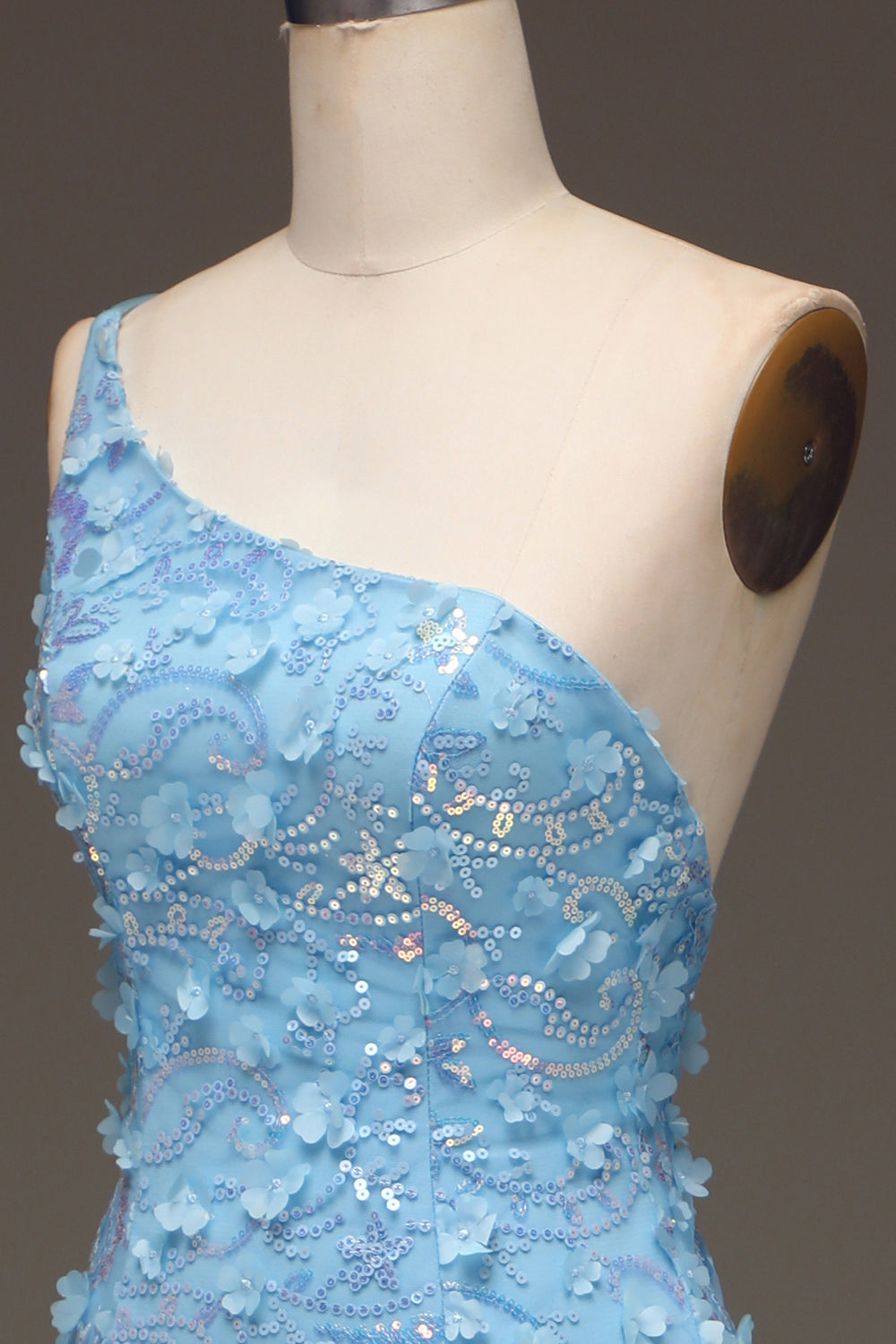 Light Blue Mermaid One Shoulder Side Slit Sequin Prom Dress with Appliques