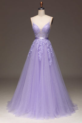 Purple A-Line Spaghetti Straps Long Beaded and Tulle Prom Dress with Appliques