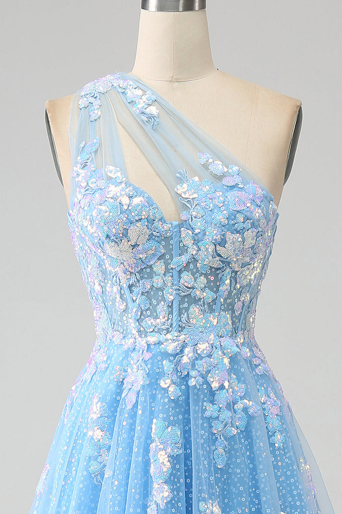 Zapakasa Women Light Blue Prom Dress A Line One Shoulder Long Tulle