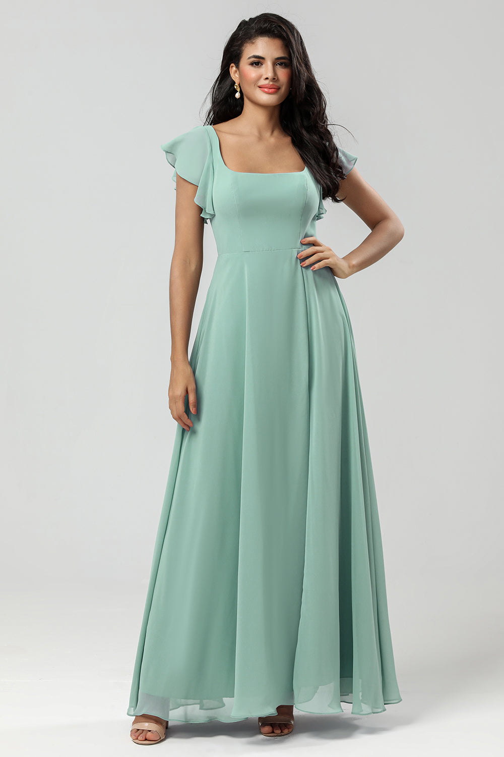 Green Square Neck Chiffon Bridesmaid Dress with Ruffles