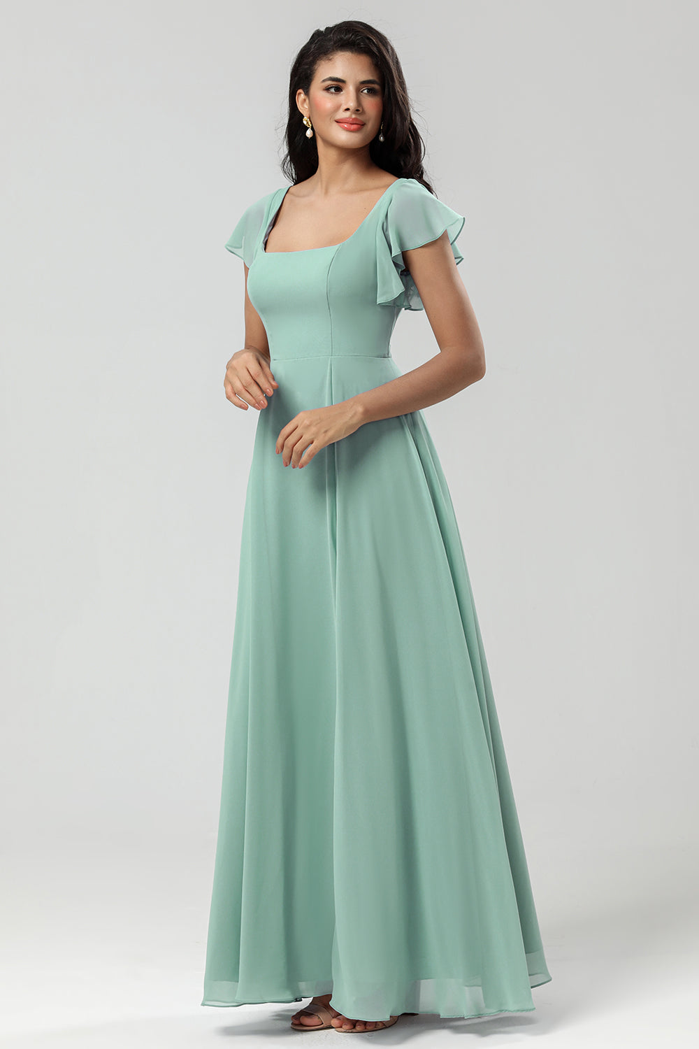 Green Square Neck Chiffon Bridesmaid Dress with Ruffles