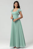 Green Square Neck Chiffon Bridesmaid Dress with Ruffles