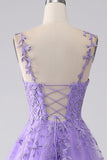 Lilac A-Line Spaghetti Straps Long Prom Dress with Appliques