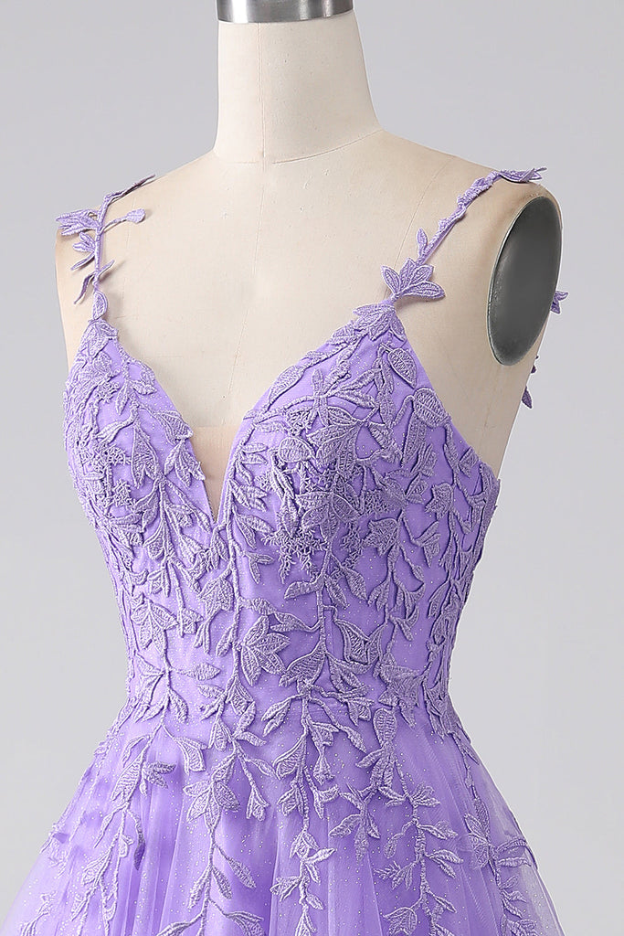 A Line Spaghetti Straps Lilac Corset Prom Dress with Appliques main image 1