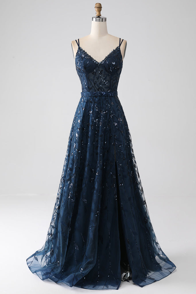 Dark Navy Spaghetti Straps V-Neck Prom Dress with Split main image 0