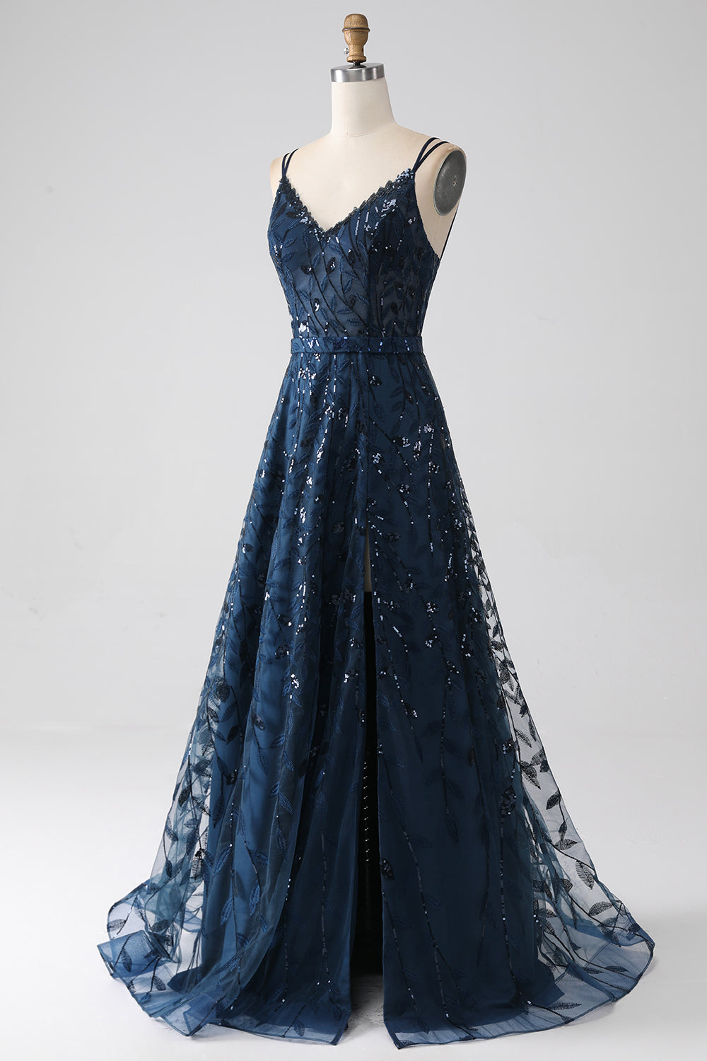 Zapakasa Women A-Line Dark Navy Spaghetti Straps Long Prom Dress with Slit Zapakasa Women A-Line Dark Navy Spaghetti Straps Long Prom Dress with Slit