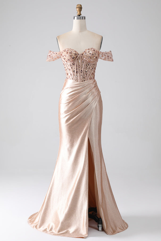 Trendy Champagne Off-The-Shoulder Slit Evening Gown JTE846 main image 1