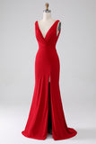 Mermaid V-Neck Red Prom Dress with Slit