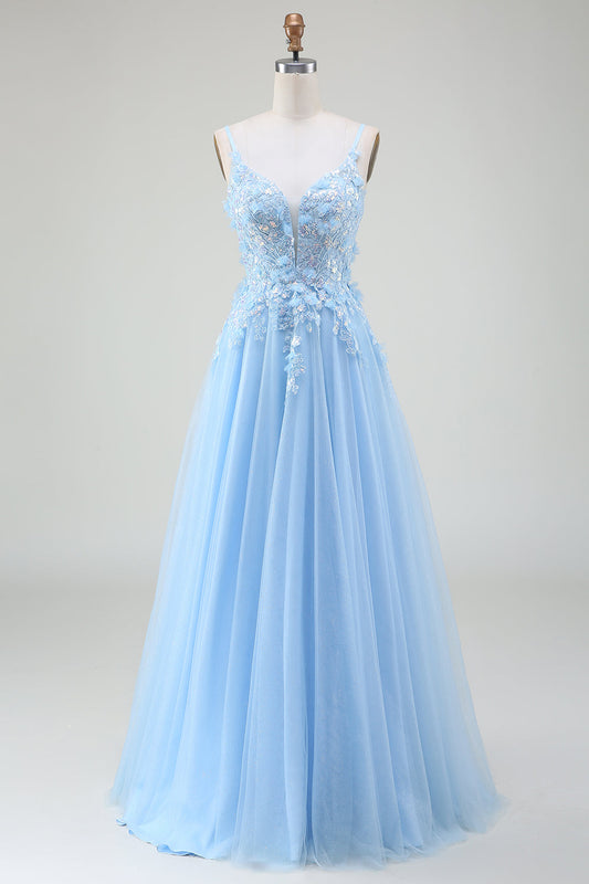 A-Line Light Blue Prom Dress with Appliques