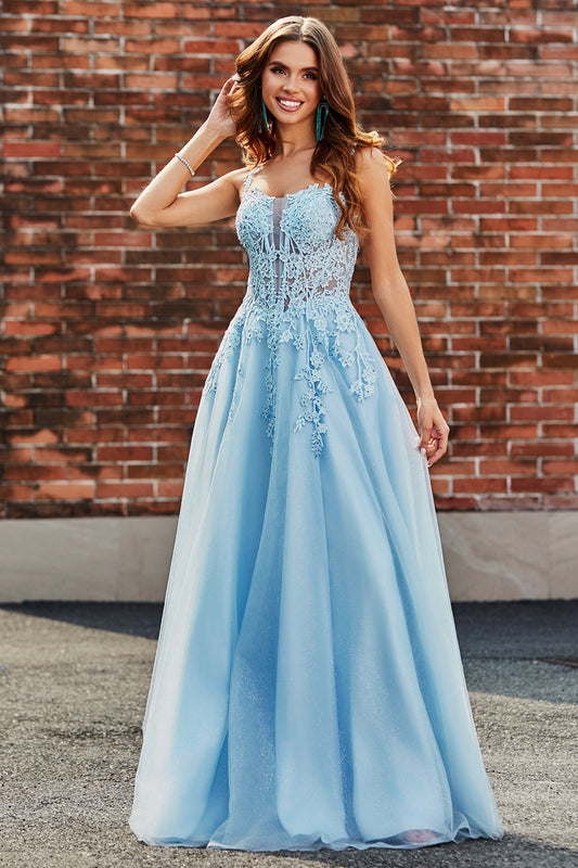 Gorgeous A Line Spaghetti Straps Light Blue Corset Prom Dress with Appliques