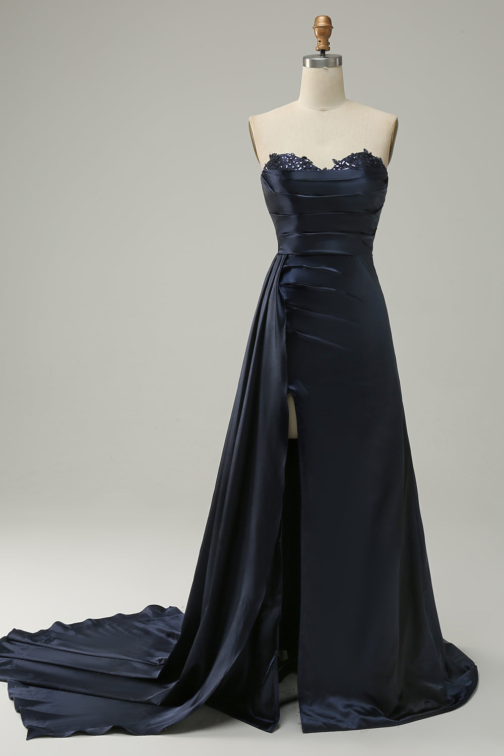 Navy Strapless Sweetheart Long Prom Dress with Split