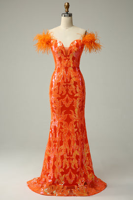 Orange Sequins Off the Shoulder Mermaid Long Prom Dress with Feathers