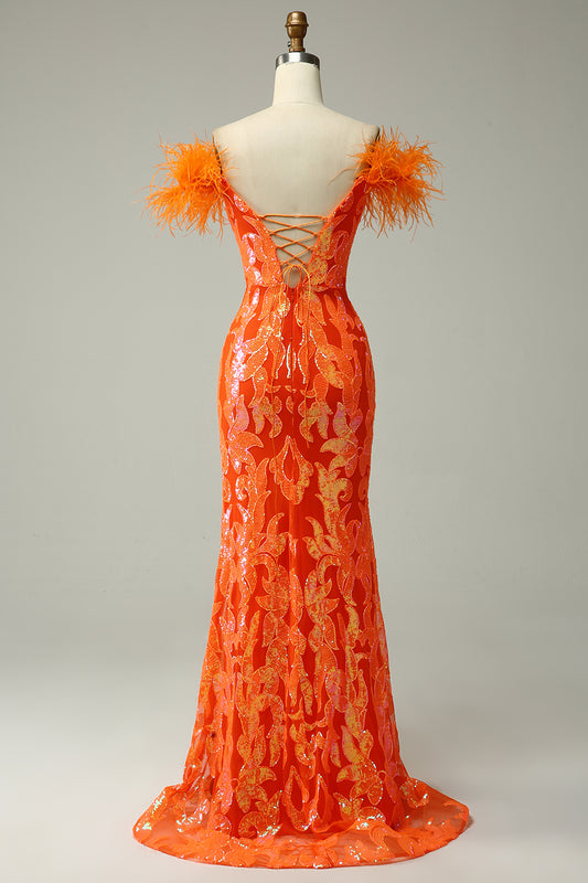 Orange Sequins Off the Shoulder Mermaid Long Prom Dress with Feathers