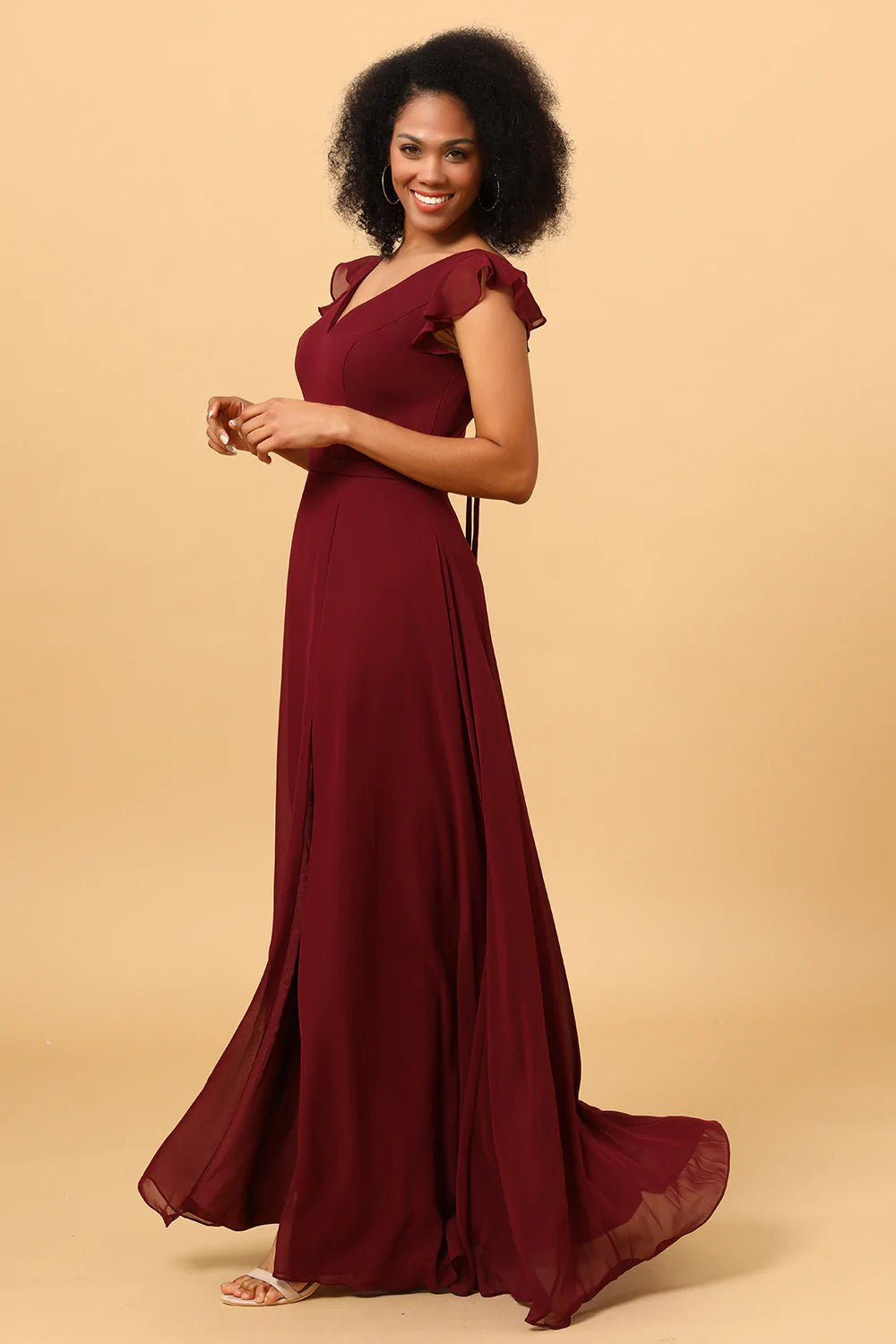 Chiffon Burgundy V-Neck Bridesmaid Dress with Slit