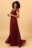 Chiffon Burgundy V-Neck Bridesmaid Dress with Slit