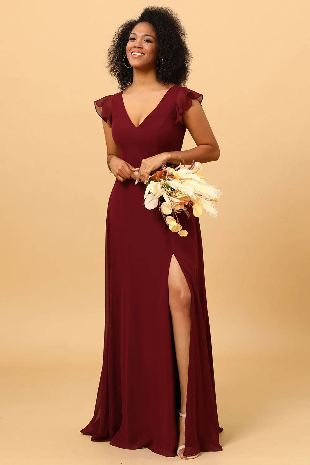 Chiffon Burgundy V-Neck Bridesmaid Dress with Slit