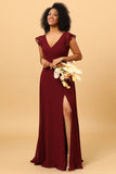 Chiffon Burgundy V-Neck Bridesmaid Dress with Slit