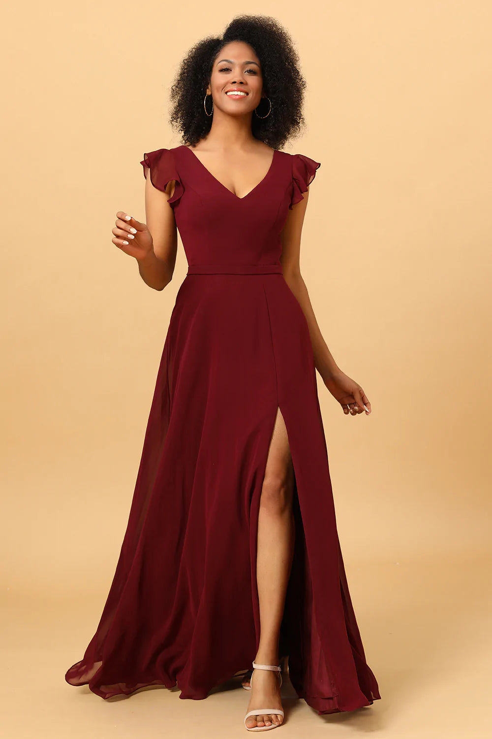 Chiffon Burgundy V-Neck Bridesmaid Dress with Slit