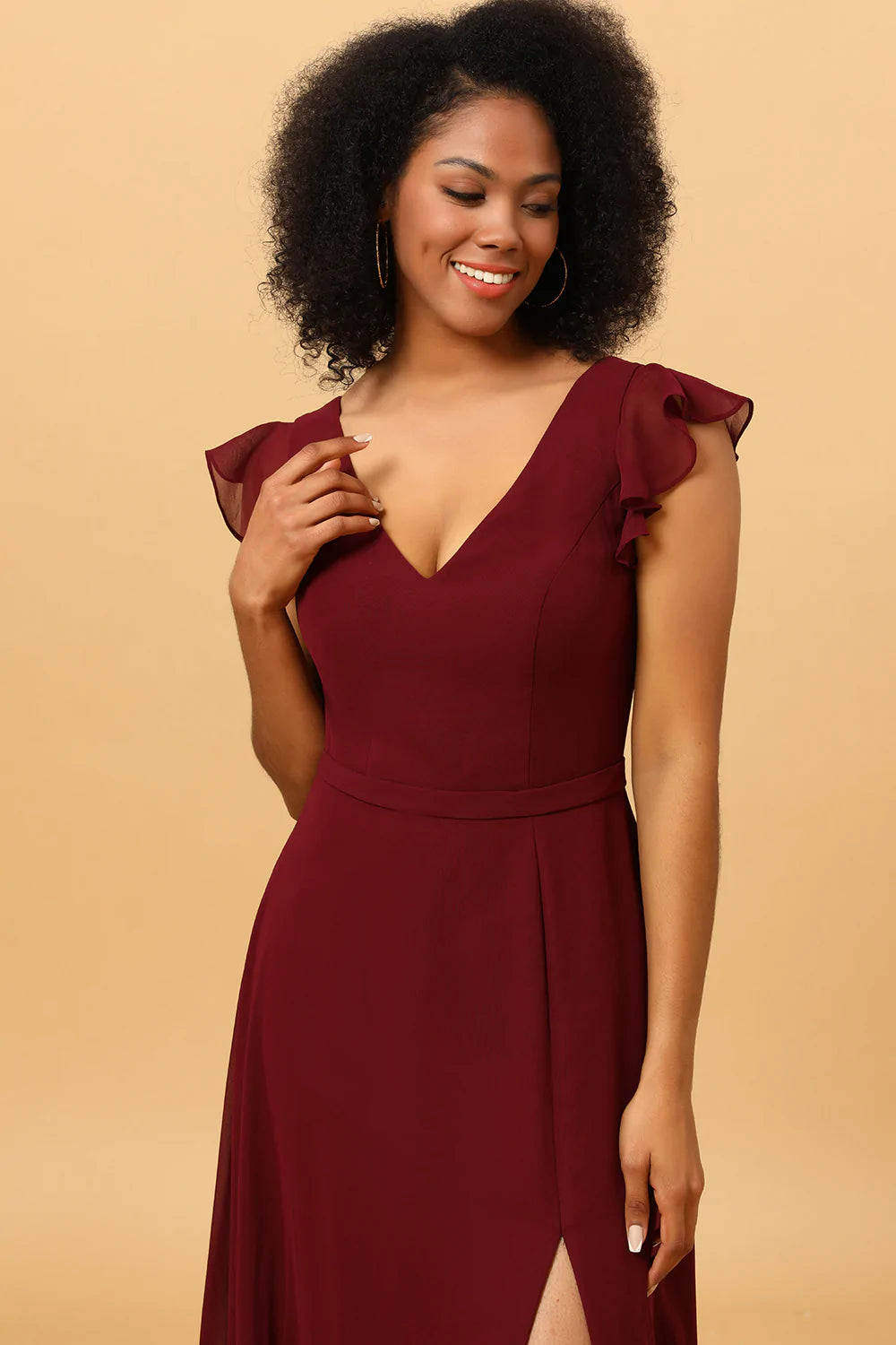 Chiffon Burgundy V-Neck Bridesmaid Dress with Slit