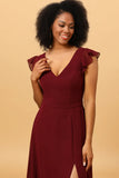 Chiffon Burgundy V-Neck Bridesmaid Dress with Slit