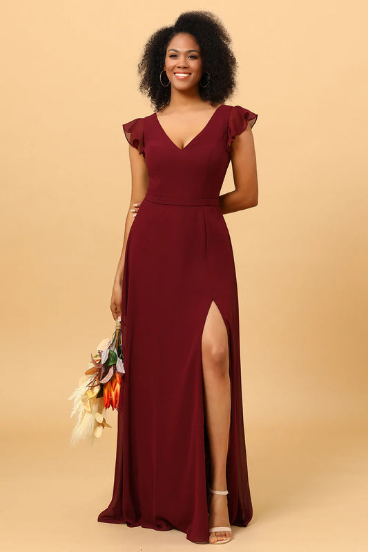 Chiffon Burgundy V-Neck Bridesmaid Dress with Slit