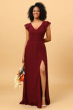 Chiffon Burgundy V-Neck Bridesmaid Dress with Slit