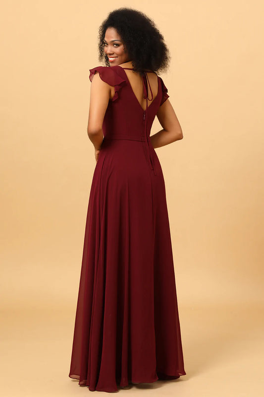 Chiffon Burgundy V-Neck Bridesmaid Dress with Slit