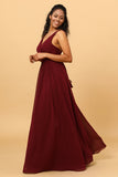 A-Line Chiffon V-Neck Burgundy Bridesmaid Dress