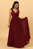A-Line Chiffon V-Neck Burgundy Bridesmaid Dress