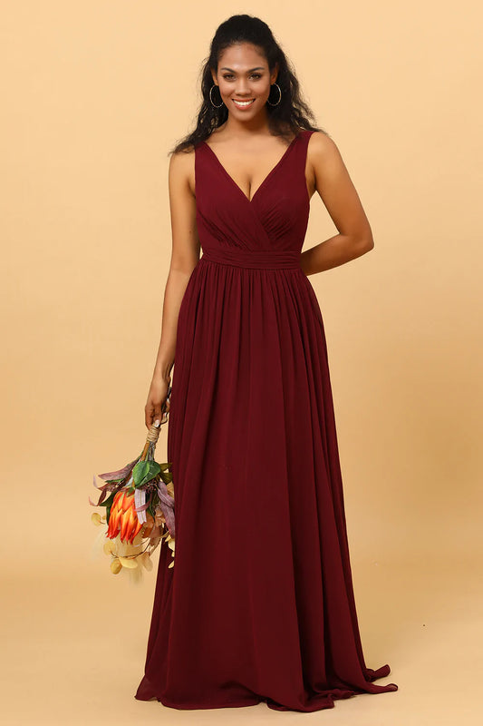 A-Line Chiffon V-Neck Burgundy Bridesmaid Dress