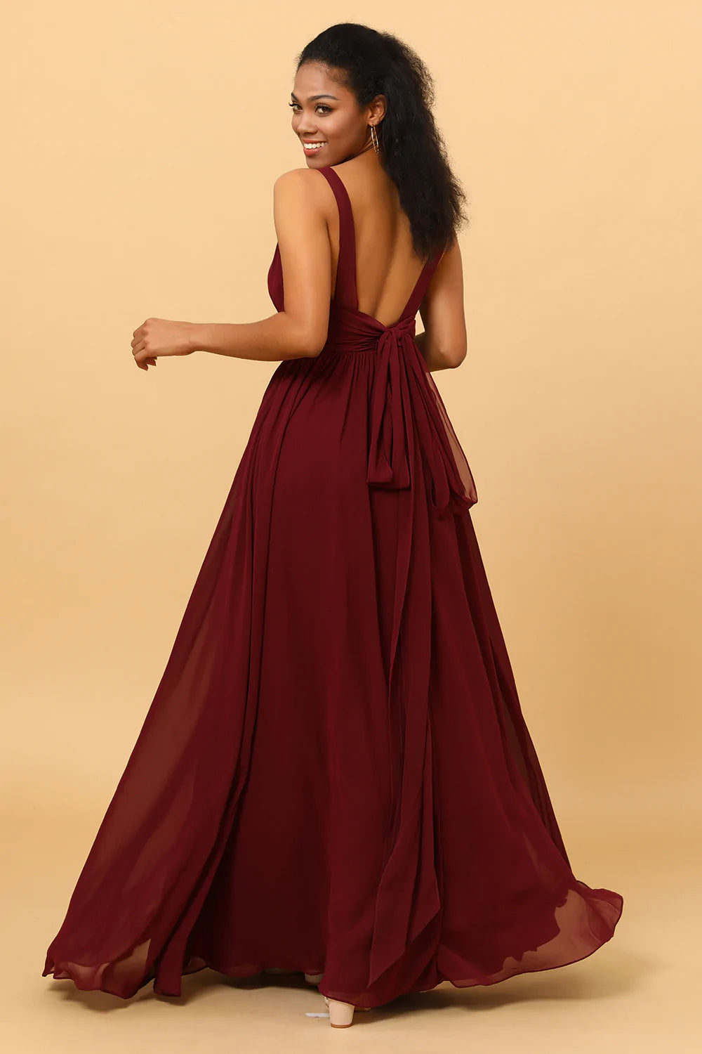 ZAPAKASA Women Burgundy Bridesmaid Dress A Line Chiffon V Neck