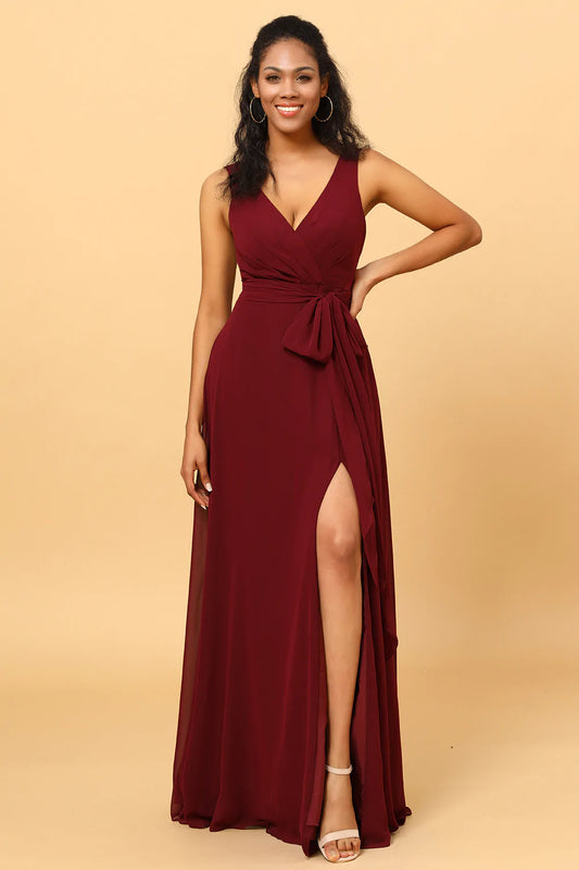 Burgundy V-Neck Chiffon Bridesmaid Dress with Slit