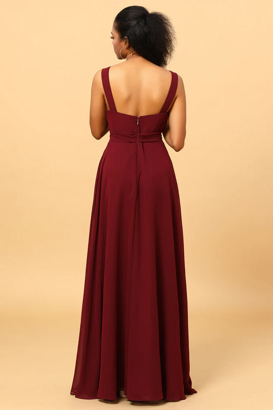 Burgundy V-Neck Chiffon Bridesmaid Dress with Slit