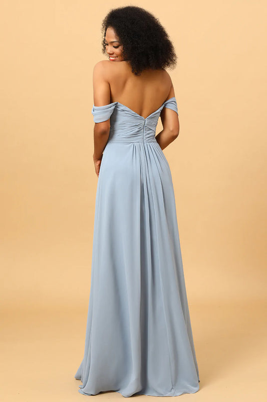 Off Shoulder Chiffon Blue Bridesmaid Dress with Slit