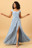 Off Shoulder Chiffon Blue Bridesmaid Dress with Slit