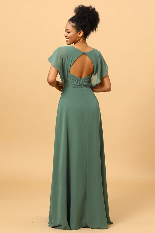 Chiffon A-Line Green Bridesmaid Dress with Slit