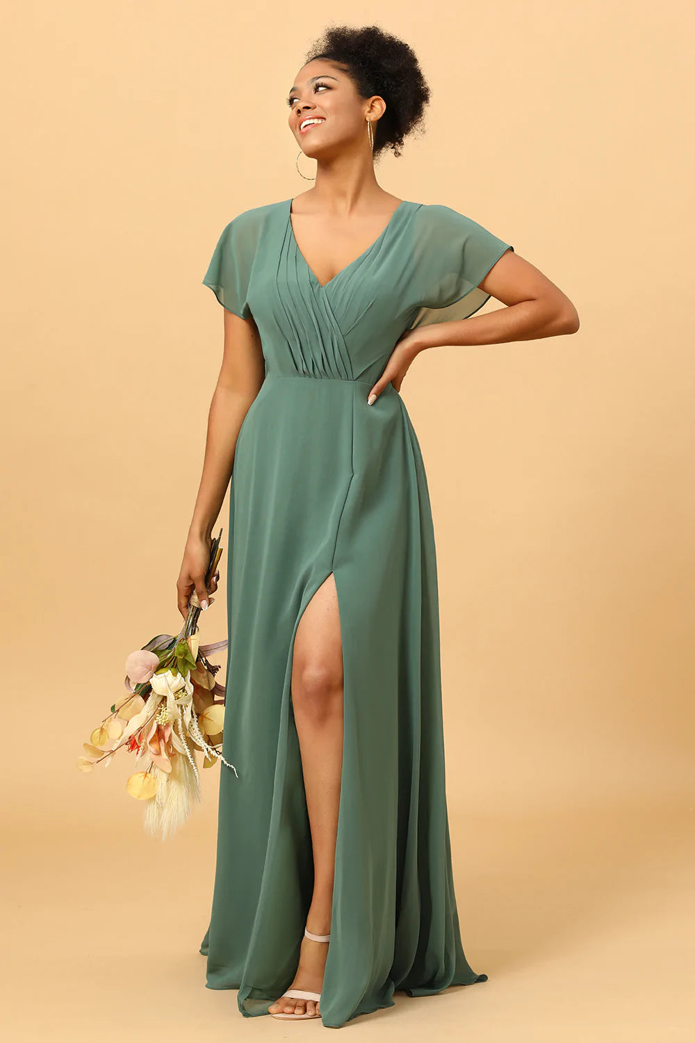 Chiffon A-Line Green Bridesmaid Dress with Slit
