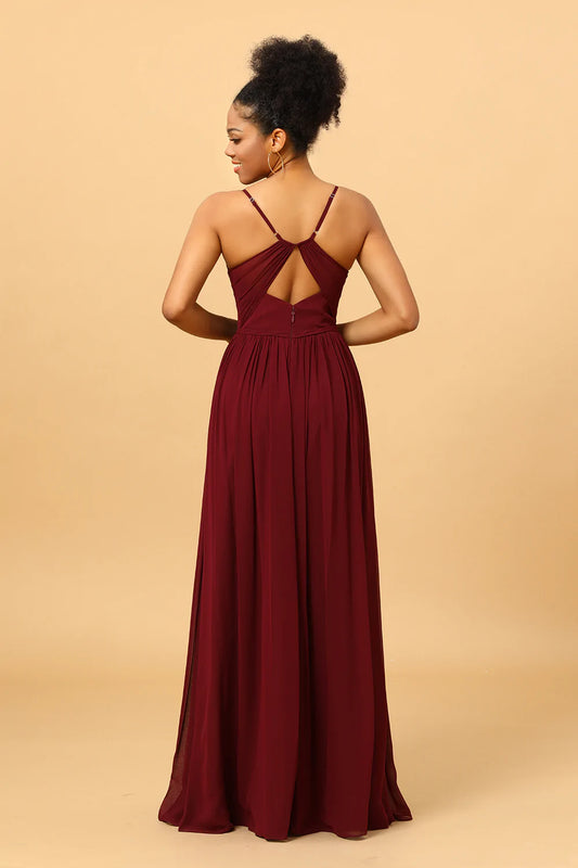 A-Line Chiffon Burgundy Bridesmaid Dress with Slit