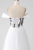 White A-Line Off the Shoulder Long Corset Prom Dress
