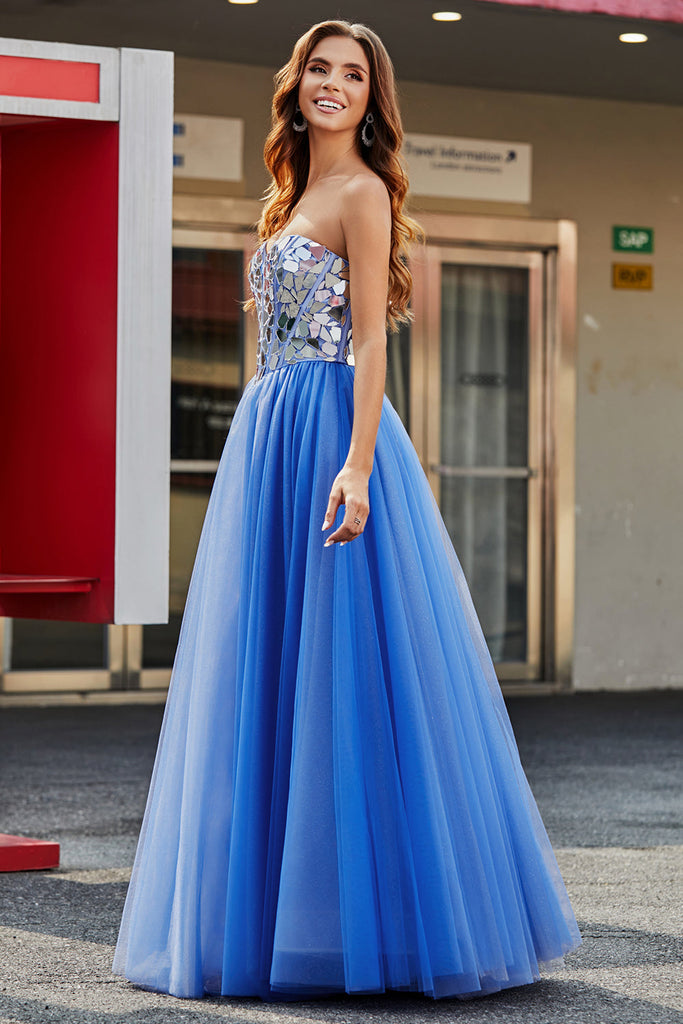 Royal Blue - A Line Strapless Chiffon Beaded Corset Long Prom Dress With Slit