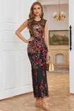 Sheath Round Neck Black Red Love Heart Beaded Long Party Dress