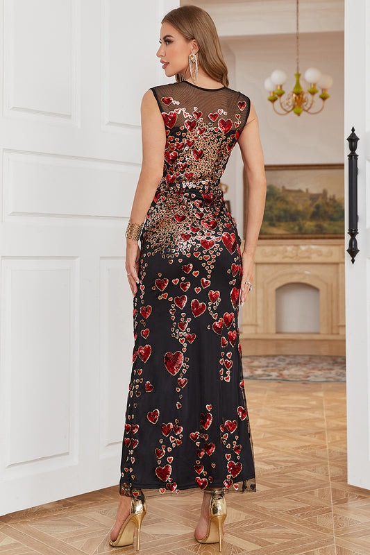 Sheath Round Neck Black Red Love Heart Beaded Long Party Dress