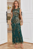 Sheath Round Neck Dark Green Love Heart Beaded Long Party Dress