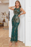 Sheath Round Neck Dark Green Love Heart Beaded Long Party Dress