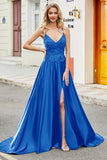 Royal Blue A Line Spaghetti Straps Long Backless Prom Dress with Appliques