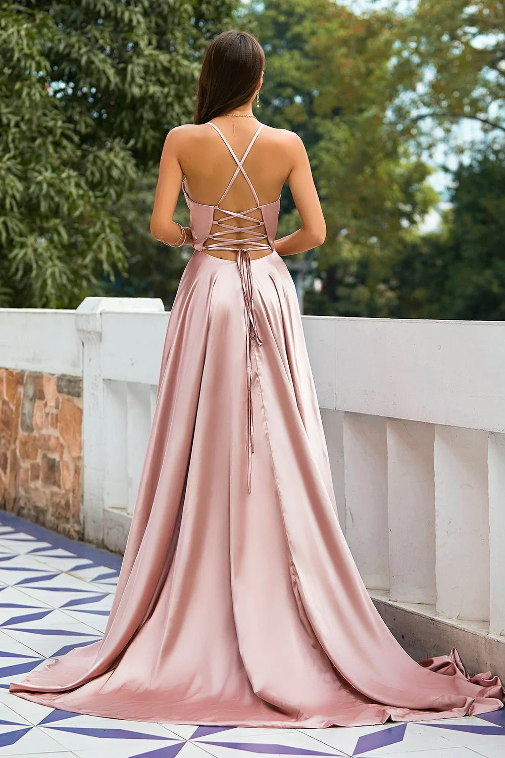 Pink Satin Spaghetti Straps Prom Dress